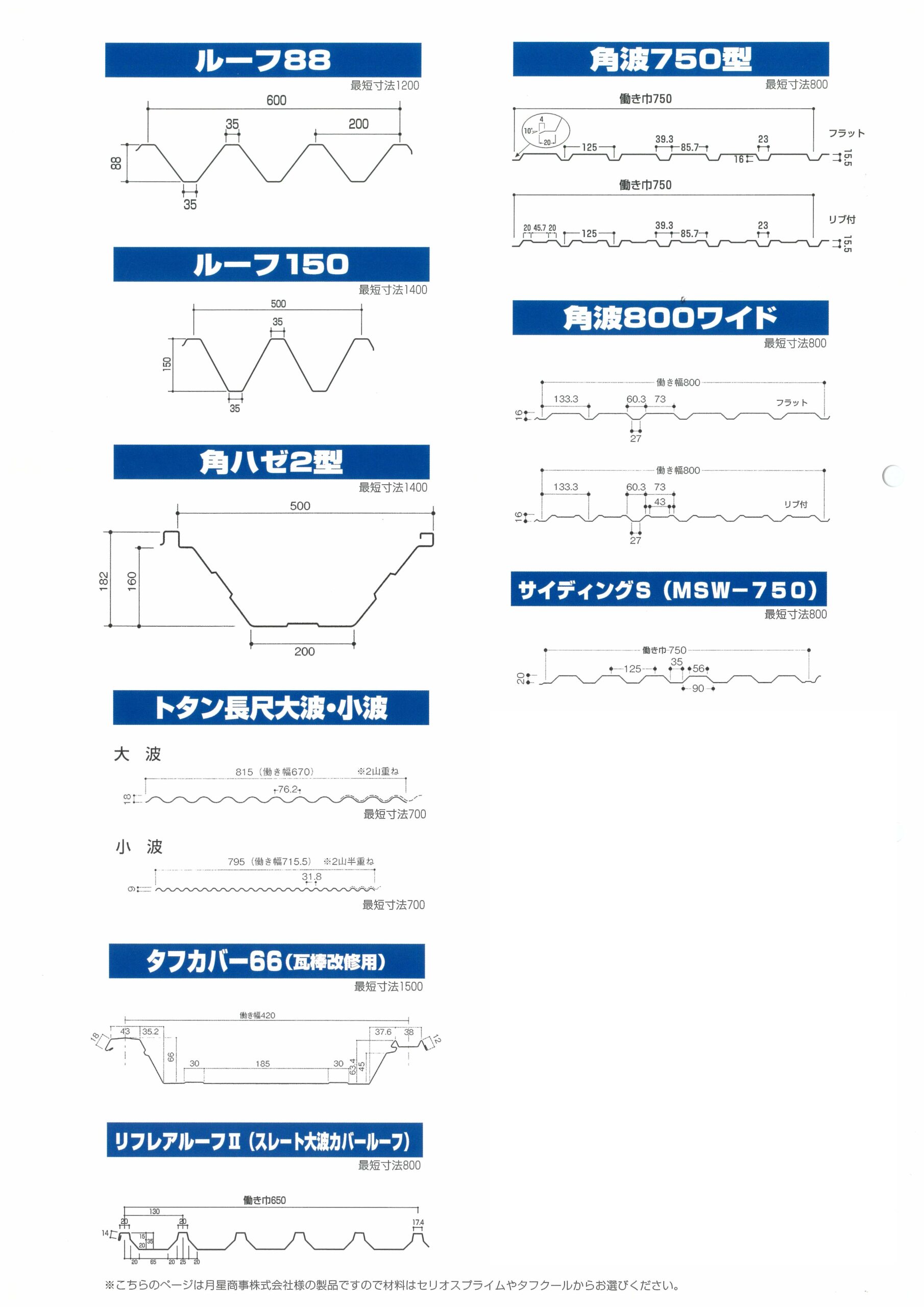 金属屋根、外壁成形品一覧
